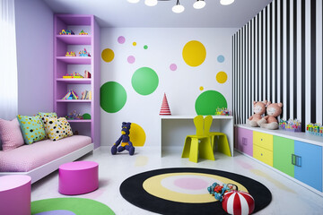 Interior of modern children's room with stylish furniture and toys, Kids play room, kids bed room, Children's hut, play tent and toys Created with Generative AI Tools