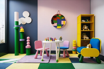 Interior of modern children's room with stylish furniture and toys, Kids play room, kids bed room, Children's hut, play tent and toys Created with Generative AI Tools