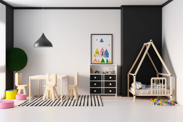 Interior of modern children's room with stylish furniture and toys, Kids play room, kids bed room, Children's hut, play tent and toys Created with Generative AI Tools