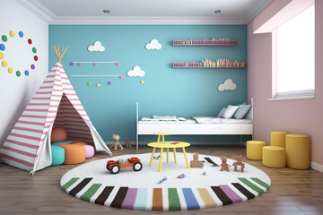 Interior of modern children's room with stylish furniture and toys, Kids play room, kids bed room, Children's hut, play tent and toys Created with Generative AI Tools