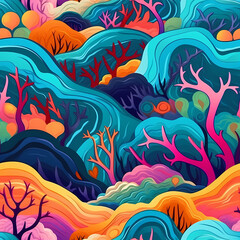 Fototapeta na wymiar Abstract seamless pattern with colorful forest. Trees and hills. Background for various surface. Perfect for print, textile, fabric, kids wallpaper.