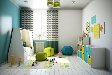 Interior of modern children's room with stylish furniture and toys, Kids play room, kids bed room, Children's hut, play tent and toys Created with Generative AI Tools