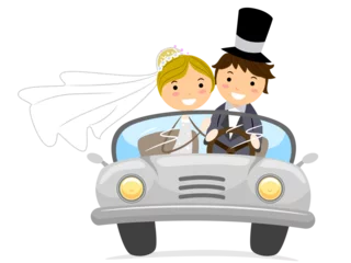 Fototapete Cartoon-Autos Beautiful young bride and groom couple driving a car on wedding day cartoon in a flat style design