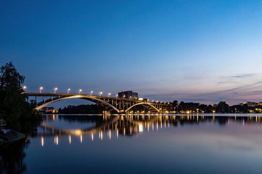 Stockholm, Sweden A view of the Western Bridge or Vasterbron at night in the summer.