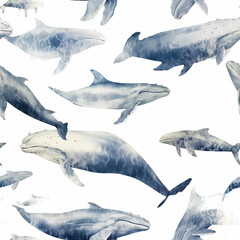 Watercolor humpback whales seamless pattern. Hand drawn cute illustration with whales. Perfect for wrapping paper, wallpapers,prints and textile.