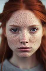 closeup Portrait photography.  High Contrast. Textural details. Fine facial details. Artful interplay of light and shadow. Red hair with Freckles pretty serious young woman.