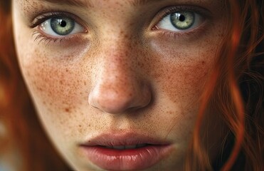 closeup Portrait photography.  High Contrast. Textural details. Fine facial details. Artful interplay of light and shadow. Red hair with Freckles pretty serious young woman.