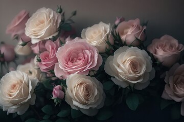 background of fresh dairy tender pastel colored wedding roses, ai generative