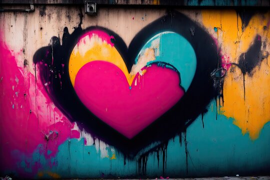 Heart shape colorfull grafity on the wall background, ai generative