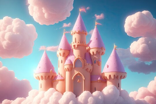 Fairy tale princess castle. Pink toy castle in clouds, ai generative