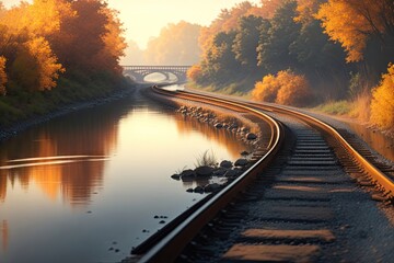 Railroad tracks along a shallow river with forest in the distance, ai generative