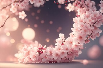 Fototapeta premium Frame for product in beautiful branches of pink Cherry blossoms design background, ai generative
