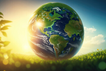 Fototapeta na wymiar a globe on bright green grass. Earth Day Concept, Eco Education, Environmental Awareness, ai generative