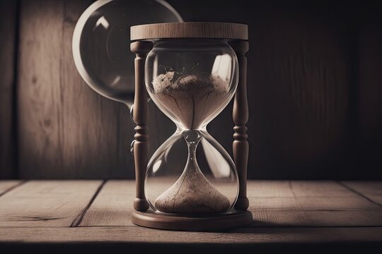 wooden hourglass on the wooden table with a wooden background, ai generative