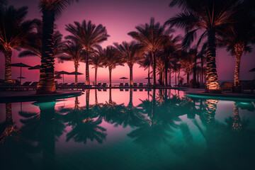 Fototapeta premium pool at sunset with palm, Moonlit Serenity: Palm Trees on the Beach at Nighttime - A Captivating Blend of Pop Inspo and Nostalgia, Bathed in Light Orange and Aquamarine