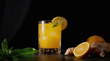 Fototapeta premium Mango Ginger Lemonade: An exotic lemonade made with mango puree, ginger syrup, lemon juice with copy space for your text created with generative AI technology