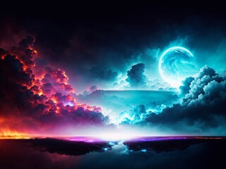 Photo of a colorful painting capturing the ethereal beauty of planets and clouds in the sky