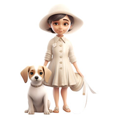 Little girl in a hat and coat with a dog isolated on white background