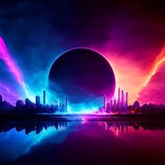 Photo of a vibrant futuristic city with a colossal spherical structure at its heart