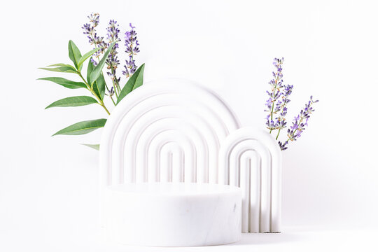 Beautiful composition with white geometric podiums for cosmetic exhibition and fresh aromatic lavender flowers on white background close up, copy space for your design.