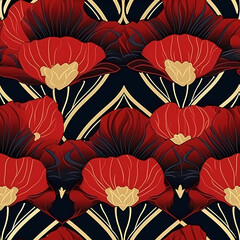 Seamless pattern with Red Poppies. Poppy flower in Art Deco or Art Nouveau style.