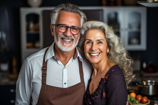 Retired couple hugging with a smile indoors. High quality photo