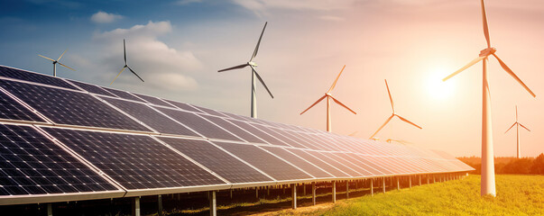 Powering the Future: A Striking Photograph of Solar Panels on a Farm with Wind Turbines, an Energetic Blend of Colors and a Symbol of Sustainable Energy, Harnessing Nature's Power for a Greener Tomorr