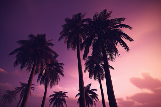 Shadowed palm trees on a background of purple twilight sky. Bottom up view. 