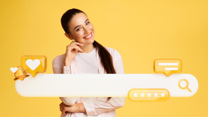 Lady Posing With Online Browsing Bar Icon On Yellow Background