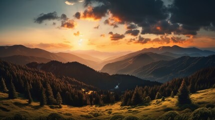 Fototapeta na wymiar Majestic Sunset Over a Serene Mountain Landscape. Generative AI