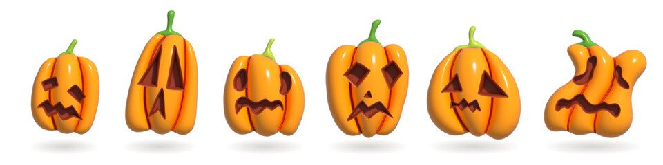Halloween Pumpkins Set. Realistic 3d Orange Pumpkins with happy, smile, scared, angry, sad and other emotions. Collection of rendered 3d objects. Design elements isolated on white background.