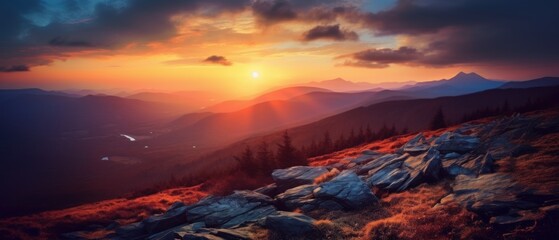 Majestic Sunset Over a Serene Mountain Landscape. Generative AI