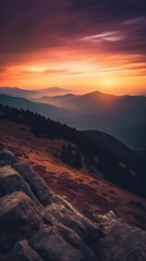 Naklejka premium Majestic Sunset Over a Serene Mountain Landscape. Generative AI