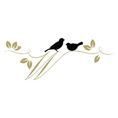 birds on a branch, golden letter w