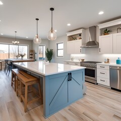 Fototapeta na wymiar light farmhouse styled kitchen with white counters and painted island. - Generative AI