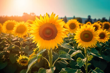 sunflower field in summer, Fields of Radiance: A Captivating Photograph of Sunflowers in Full Bloom, Basking in the Summer Sunlight, Radiating Youthful Energy and Vibrant Colors