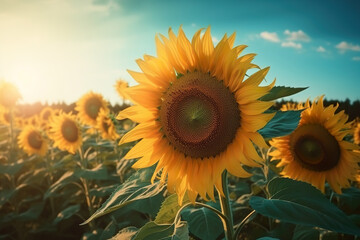 sunflower field in summer, Fields of Radiance: A Captivating Photograph of Sunflowers in Full Bloom, Basking in the Summer Sunlight, Radiating Youthful Energy and Vibrant Colors