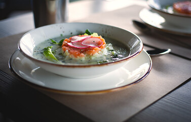 plate with cold soup with salmon