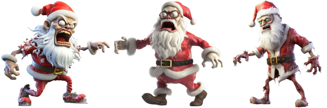 Collection of three zombie santa claus for christmas and halloween isolated on white background as transparent PNG, generative AI