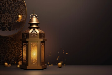 Elegant Ramadan greeting card with glowing lanterns on the table against a dark background and bokeh lights. Perfect for Muslim holidays and celebrations. Minimalistic and serene design. AI Generative
