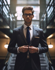 Generative AI. Male businessman with a serious face on the background of the stairs of a modern office straightens his jacket and looks at the camera.