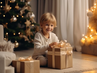 Fototapeta na wymiar A boy in a white sweater sits at home by the Christmas tree and unpacks his gift with a smile. Christmas card. New Year's gift under the tree. New year and merry christmas concept.