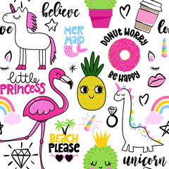 Summer pattern design with flamingo and unicorns - funny hand drawn doodle, seamless pattern. Lettering poster or t-shirt textile graphic design. Wallpaper, wrapping paper, background.