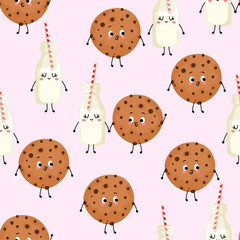 Chocolate cookies and milk on rose background - funny hand drawn doodle, seamless pattern. Cartoon background, texture for Christmas wrapping paper, bedsheets, pajamas.