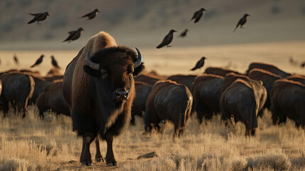 an american bison with black birds in the background. Generative AI - obrazy, fototapety, plakaty