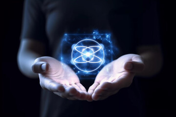Embracing the Essence of Science: Blue Atom Symbol in Hand - Generative AI