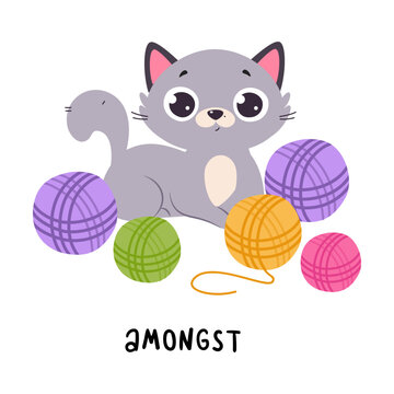 Little Grey Cat Amongst Yarn Balls as English Language Preposition for Educational Activity Vector Illustration