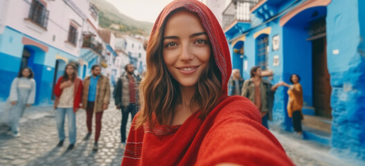 Young tourist woman taking a selfie in a pintoresque town during holiday. Image generative AI.