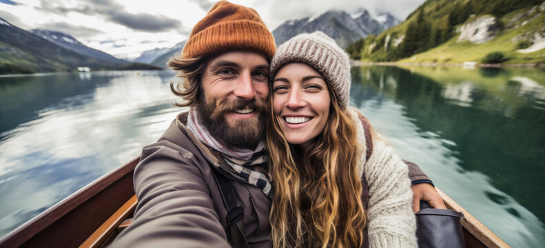 Young couple taking a selfie together on a boat in a lake.  Image generative AI.