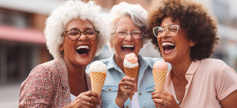 Small group of mature women enjoying cone ice cream happily in the city .   Image generative AI.